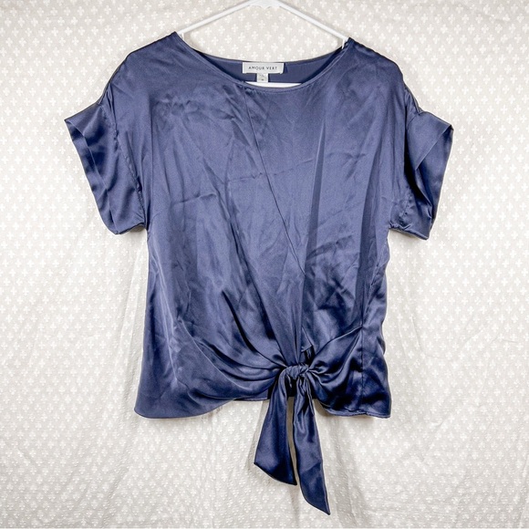 Amour Vert Dark Blue Silk Tie Side Short Sleeve Top - Picture 1 of 5